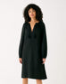 Women's Black Summer Lightweight Relaxed Fit Tea Length Fete Linen Dress with V-neck Tassel Ties and Pintuck Cuffs Front View 1