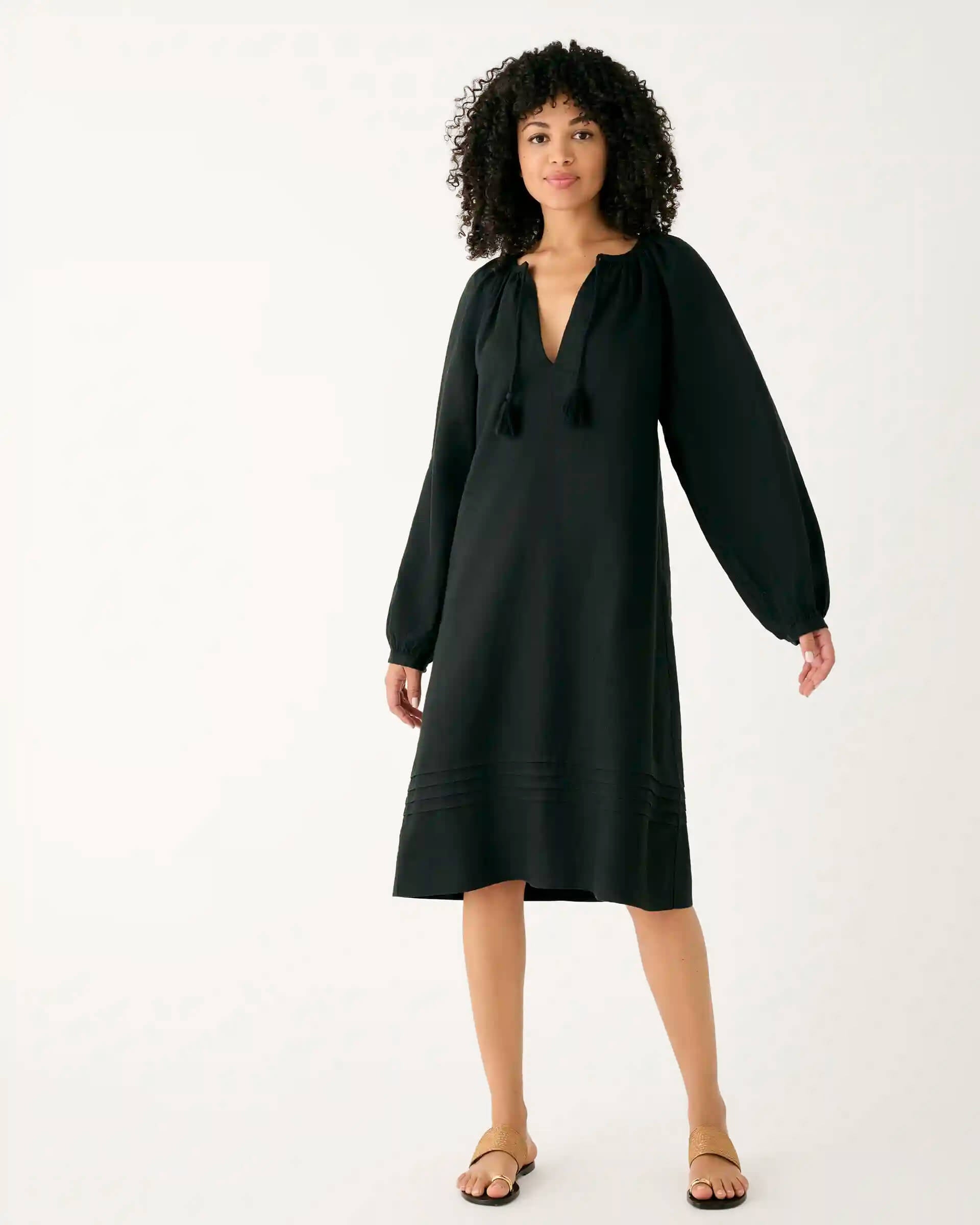 Women's Black Summer Lightweight Relaxed Fit Tea Length Fete Linen Dress with V-neck Tassel Ties and Pintuck Cuffs Front View 2