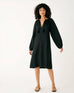 Women's Black Summer Lightweight Relaxed Fit Tea Length Fete Linen Dress with V-neck Tassel Ties and Pintuck Cuffs Front View 2