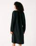 Women's Black Summer Lightweight Relaxed Fit Tea Length Fete Linen Dress with V-neck Tassel Ties and Pintuck Cuffs Rear View